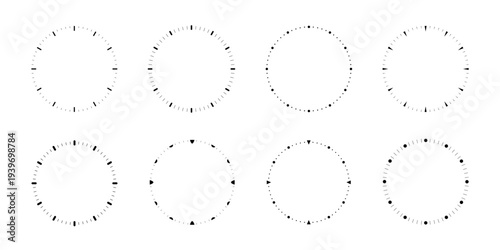Set of blank clock face templates, round analog clock with hour and minute markers, collection of circle dial watch faces symbols, precise time scale signs, isolated on transparent background, vector.