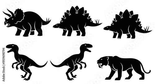 Prehistoric Dinosaur and Ancient Animal Silhouettes Vector Set