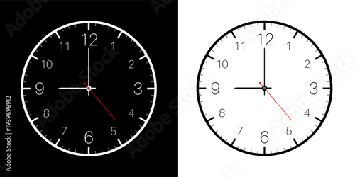 Clock face set with hour, minute markers and hands, black and white timepiece isolated on background, minimalist office analog wall clock design for time management and deadline concept. Vector.