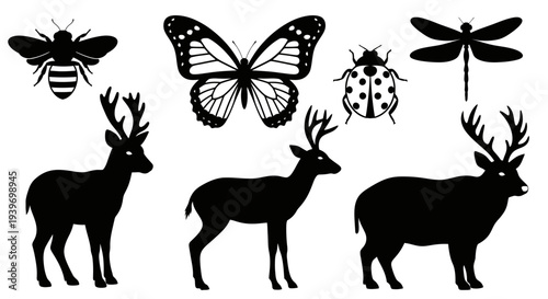 Wildlife and Insect Silhouettes Collection: Deer, Bee, Butterfly, Dragonfly, Ladybug Icons