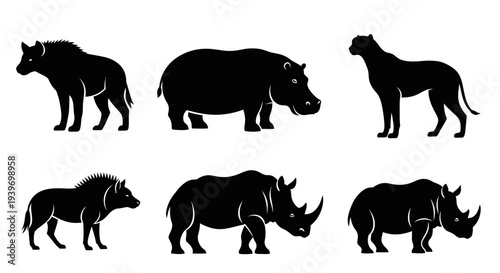 Wildlife Silhouettes Collection: African Animals Icons - Hyena, Hippo, Rhino, Leopard, Porcupine
