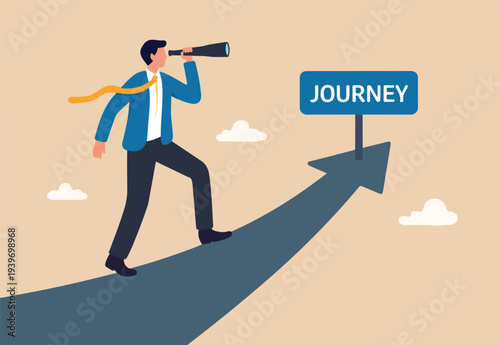 Start new journey, visionary for career development or project milestones, challenge or visionary, begin new job or journey to success concept, businessman look through telescope to see work journey.