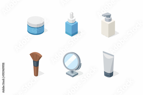 Collection of skincare and makeup products: cream, serum, lotion, brush, mirror, tube