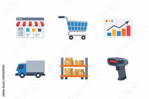 E-commerce icons: online store, shopping cart, analytics, delivery truck, warehouse, scanner