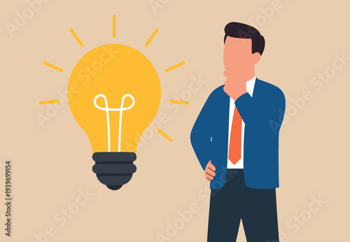 Solution expert solving problem or leader giving advise in meeting discussion, thinking for solution, creativity or professional to help, eureka moment concept, businessman with bright lightbulb