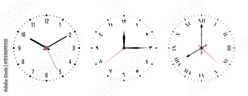Clock faces showing roman, arabic numerals, and western numbers, minimalist analog round clock dials with hour, minute, and second hands isolated on transparent background. Vector illustration.