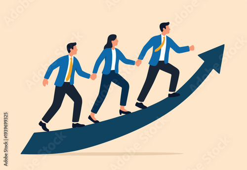 Teamwork cooperate together to achieve target, leadership to build team walking up rising growth arrow, career development concept, businessman leader holding hand with employee walking up arrow graph