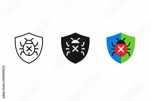 Cybersecurity icons: virus protection and bug symbols on shields