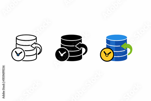 Database backup icons: line art, solid black, and colored designs with clock symbols
