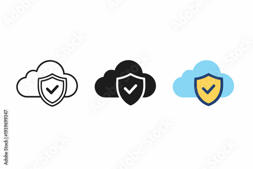 Cloud security icon set with checkmark shields in black and blue variations