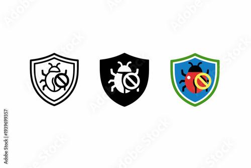 Antivirus shield symbols featuring bugs with prohibition marks