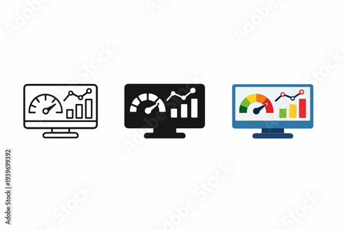 Dashboard icons with data charts and speedometers on computer screens
