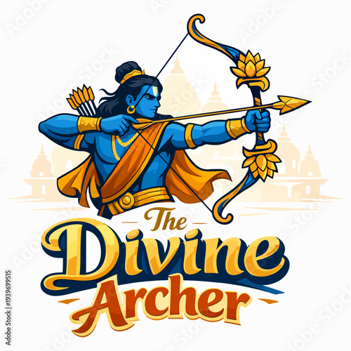 Majestic The Divine Archer logo featuring blue warrior drawing bow, symbolizing virtue, focus, dharma, and the spiritual strength of Lord Rama in Indian mythology and devotion