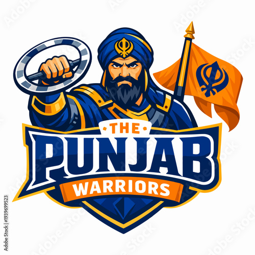 Heroic The Punjab Warriors logo with bold man holding chakram and flag, symbolizing bravery, power, courage, and warrior strength inspired by deep Sikh history and pride