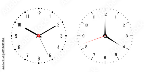 Modern analog wall clock faces set with hour, minute, and second hands, round clock dial with precise time scale, minimalist timepiece symbols isolated on transparent background. Vector illustration.