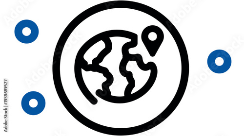 Global location icon with world map and pin marker, representing international business, worldwide network, delivery, and data points