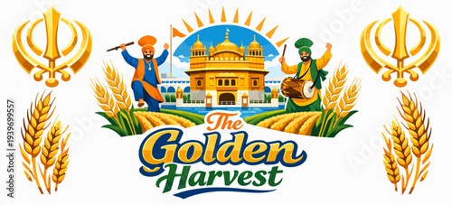 Glorious The Golden Harvest illustration with wheat, dancers, and temple, celebrating Vaisakhi festival’s richness, hard work, community spirit, and gratitude for nature’s bounty