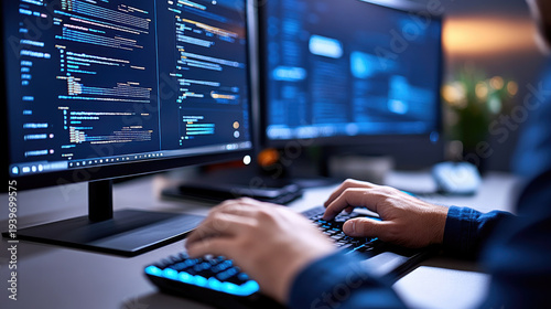 Person typing code on an illuminated keyboard, demonstrating fast data processing and cybersecurity measures for protecting digital information, networks, and software vulnerabilities