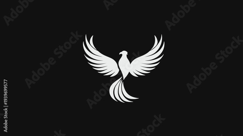 Elegant white phoenix or eagle bird logo design with powerful outstretched wings against a dark black background, symbolizing freedom and strength.