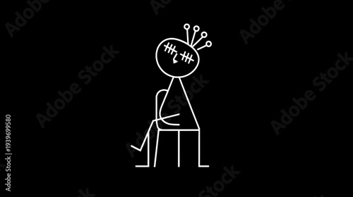 Distressed stick figure illustration with pins in head, sitting on a chair against a black background, symbolizing mental pain and stress.