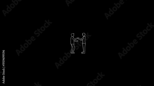 Minimalist line art illustration of two people exchanging an object, symbolizing agreement, deal, partnership, or collaboration.