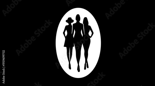 Elegant women silhouettes in white oval frame on black background, stylish female figures graphic illustration.