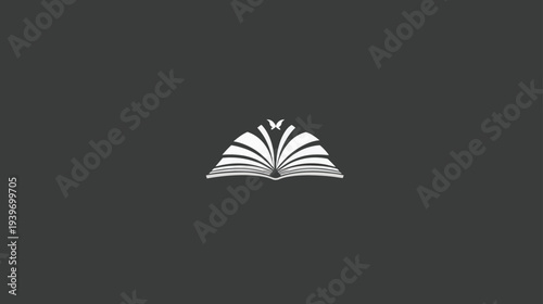 Minimalist open book icon with butterfly, symbolizing knowledge, education, learning, wisdom, literature, and imagination.