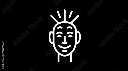 Creative Happy Smiling Person Head Outline Icon. Joyful Human Face Line Art with Spiky Hair or Abstract Thoughts on Black.