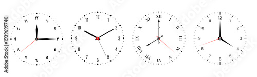 Wall clock faces set with arabic numerals, western numbers, roman numerals and minimalist markers, vector analog clock dials collection with hour minute second hands isolated on transparent background
