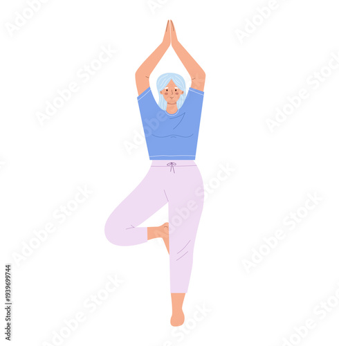 Senior woman practicing yoga. Elderly female in Vrikshasana or Tree pose standing isolated on white background. Design element for balance, aging and wellness lifestyle.