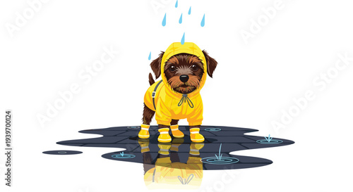 A small dark-furred dog is standing in puddles on a wet surface, wearing a bright yellow raincoat and matching boots.