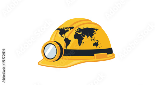 A pristine yellow hard hat, adorned with a black world map graphic and a prominent unlit headlamp, is presented on a clean white background.