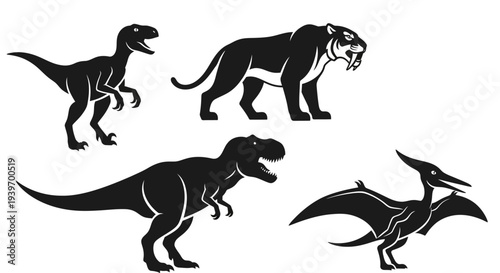 Prehistoric Animal Silhouettes Set - Dinosaurs and Extinct Creatures Vector Illustration