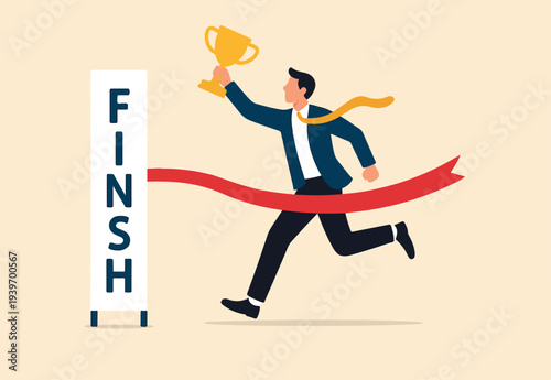 Success winning businessman, achievement, succeed performance or business victory, career success, goal or target accomplishment concept, success businessman running reach finish line with trophy