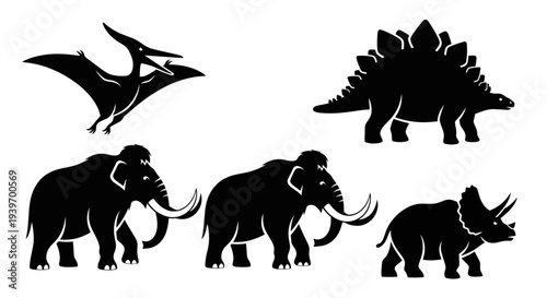 Prehistoric Animal Silhouettes Set - Dinosaurs and Mammoths Vector Illustration