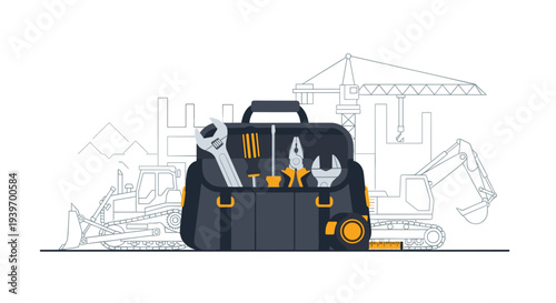 A dark grey open toolbox, filled with various silver and yellow tools, is centered against a background of faint construction machinery outlines.