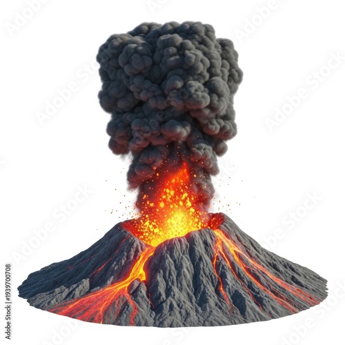 A large volcano erupting with a huge cloud of smoke isolated on white background
