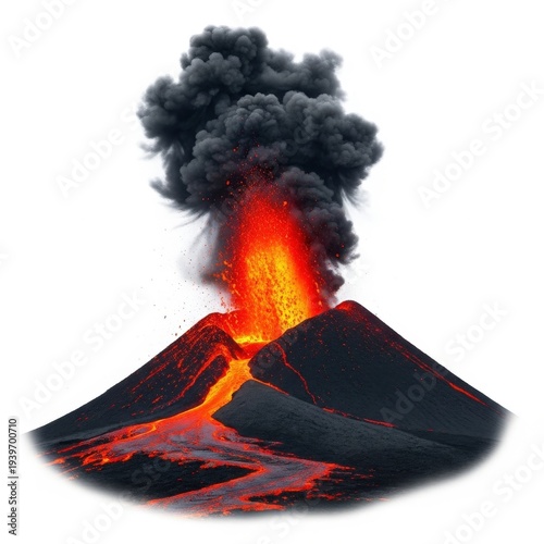A large volcano erupting with lava and smoke isolated on white background