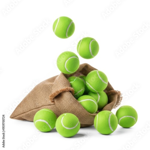 A burlap bag filled with green tennis balls isolated on white background