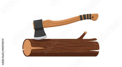 A grey-bladed axe with a wooden handle is embedded into a brown log displaying growth rings and a branch stub, isolated.