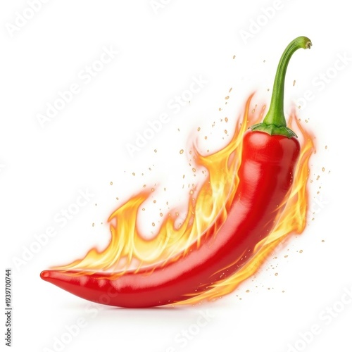 A red hot chili pepper on fire with flames isolated on white background