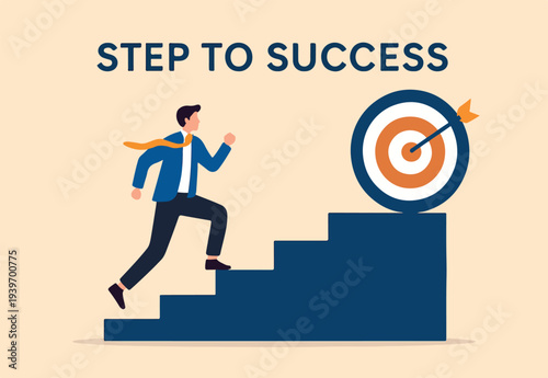 Step or progress to success and reach goal target, leadership to improve personal development, ladder or staircase to achieve goal, aspiration or career path, businessman run up stair to success.