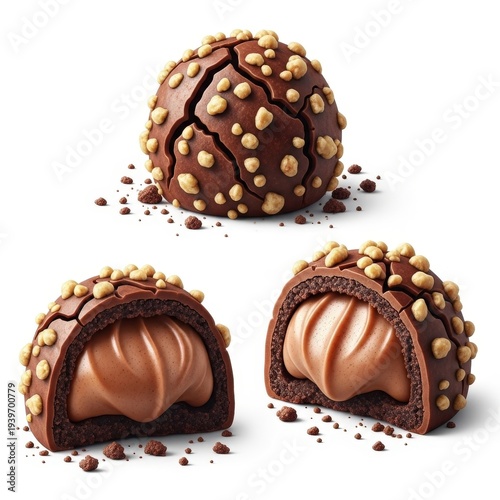 Chocolate truffles with hazelnut praline filling and crunchy topping isolated on white background