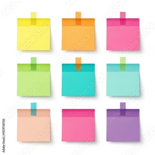 A collection of colorful sticky notes on a white background isolated on white background