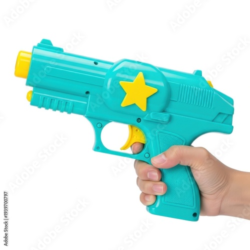 A teal and yellow toy water gun with a star on the side isolated on white background