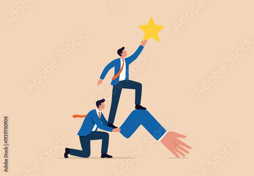Reach for the star, teamwork or support to achieve business goal, partnership or manager mentorship to help success concept, colleague to stand on his knee to reach target