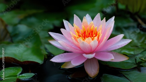 Pink water lily flower blooming in a pond with green lily pads