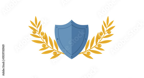 A solid blue metallic shield with rivet details is centrally positioned, flanked by symmetrical golden olive branches adorned with small, round olives.