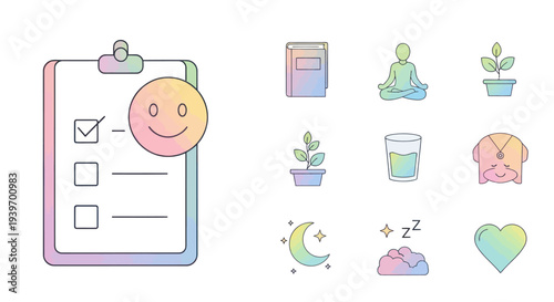 A hand-drawn icon set for mental health and self-care with a soft pastel rainbow gradient.