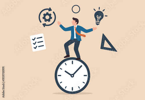 Project management process to manage and develop with resources to deliver quality product, agile development cycle, businessman project manager balance on clock juggling project management elements
